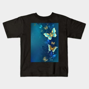 Golden Butterflies on a Blue Background Kids T-Shirt